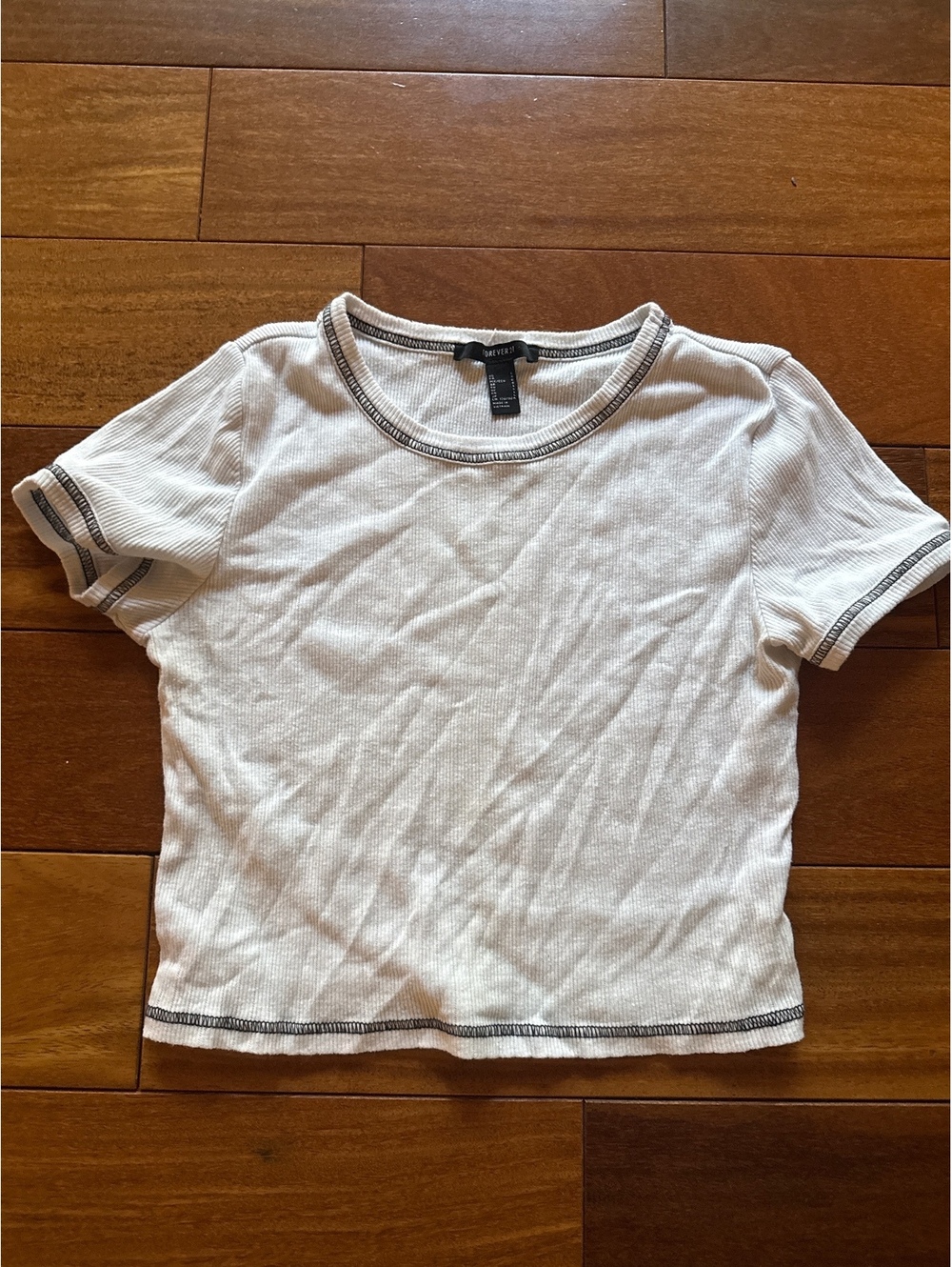 Forever 21 White Ribbed Crop Top with Contrast Stitching, Size Large
